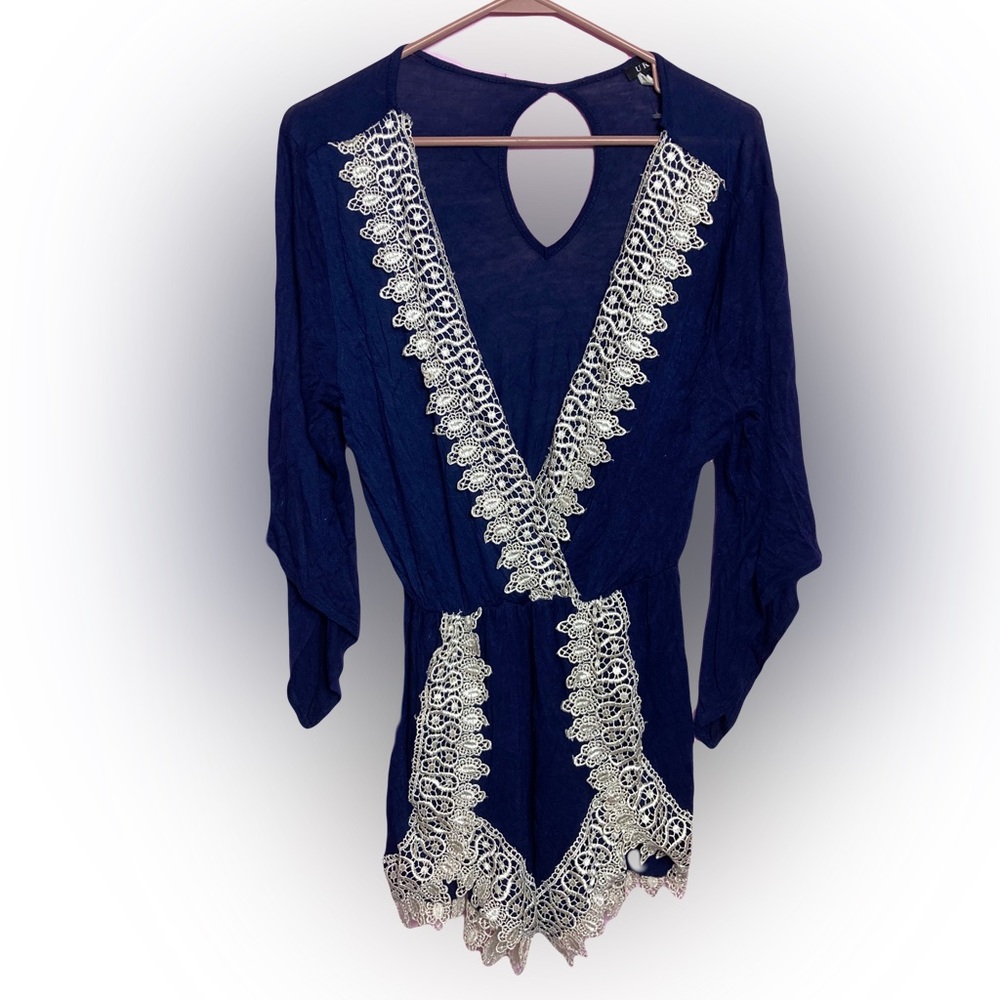 UK2LA Navy Blue and White Lace Romper Size Medium Boho Chic